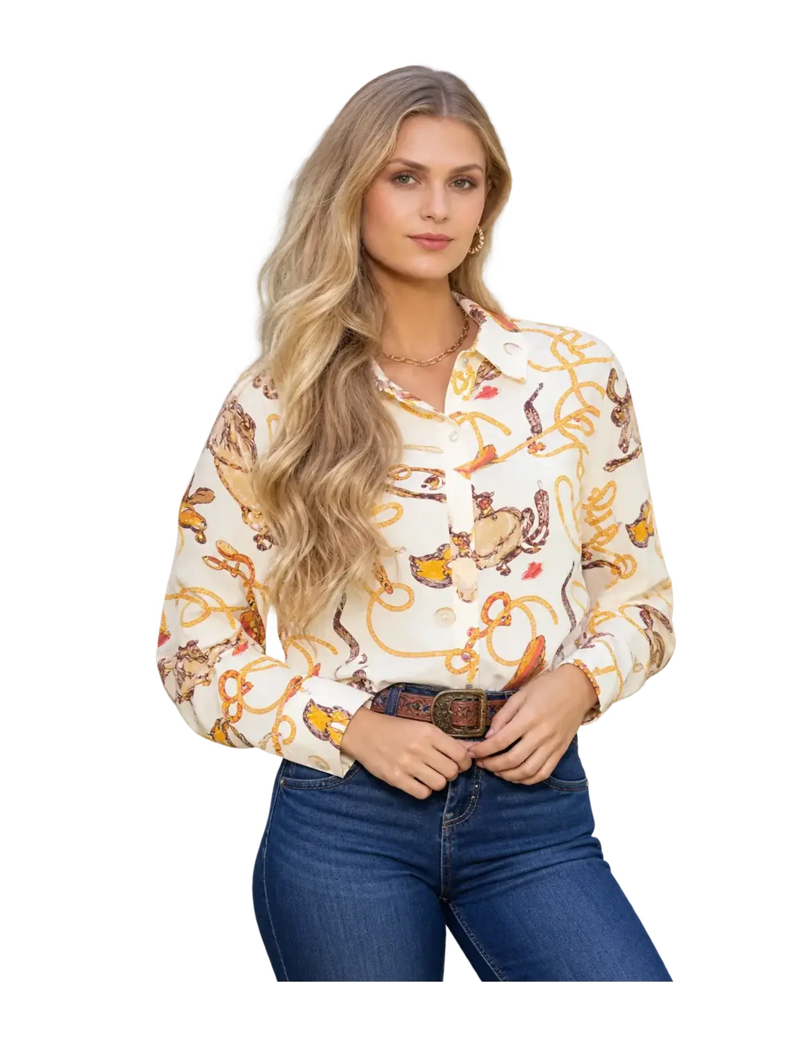 Jessie Long Sleeve Pearl Snap Shirt Ivory