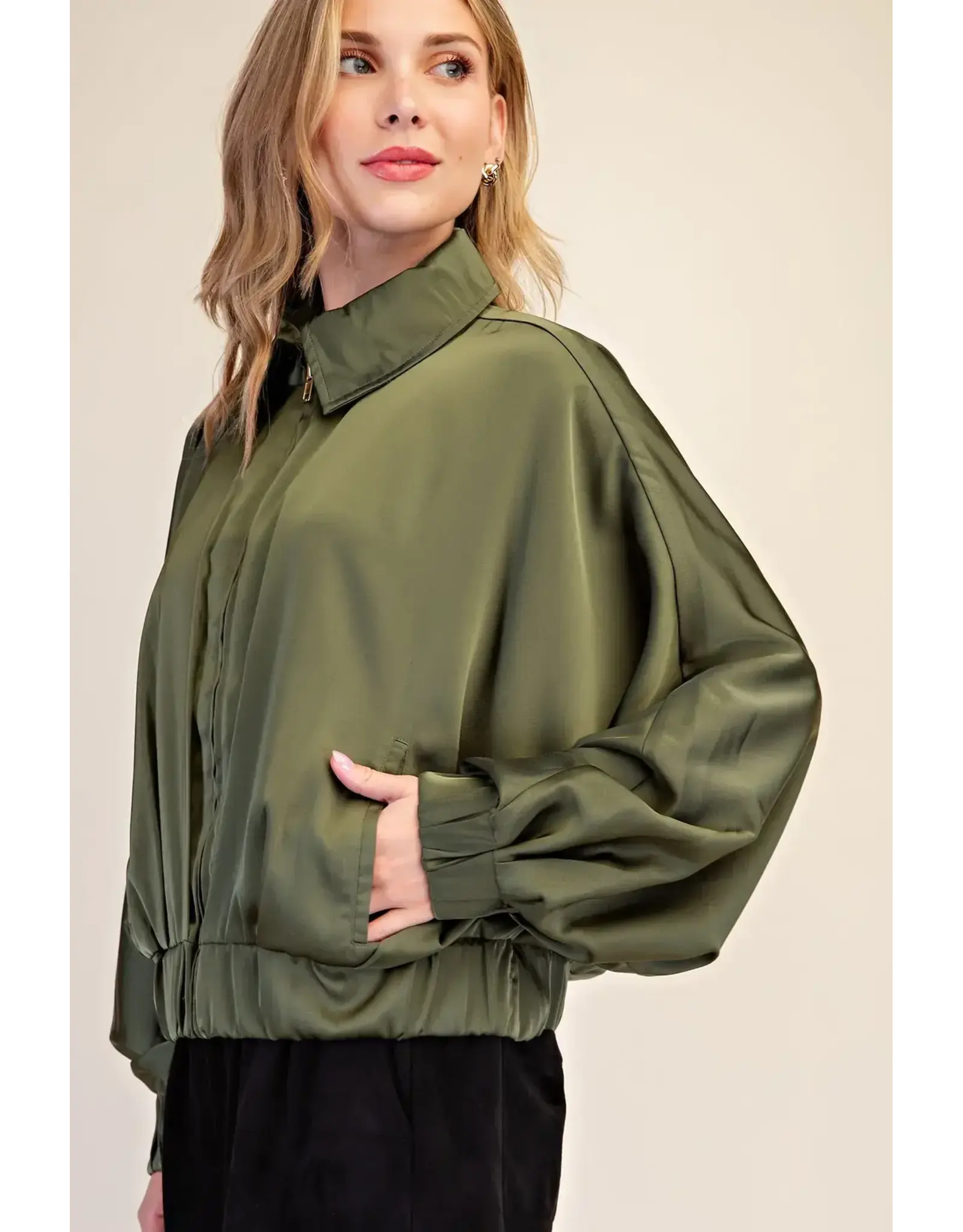 Wynter Olive Satin Bomber Jacket