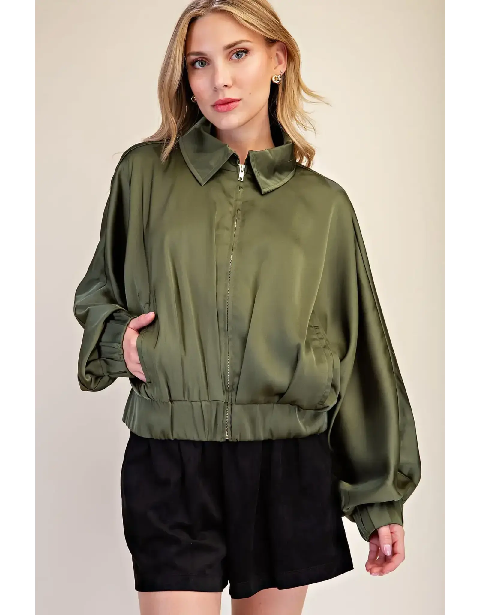 Wynter Olive Satin Bomber Jacket