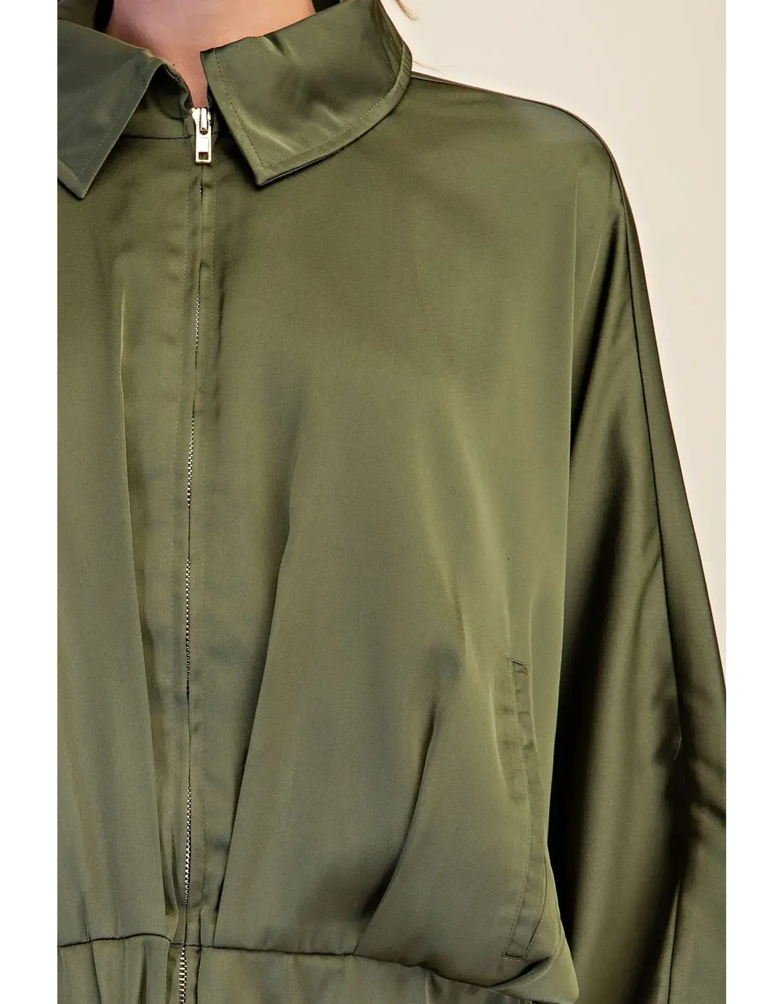 Wynter Olive Satin Bomber Jacket