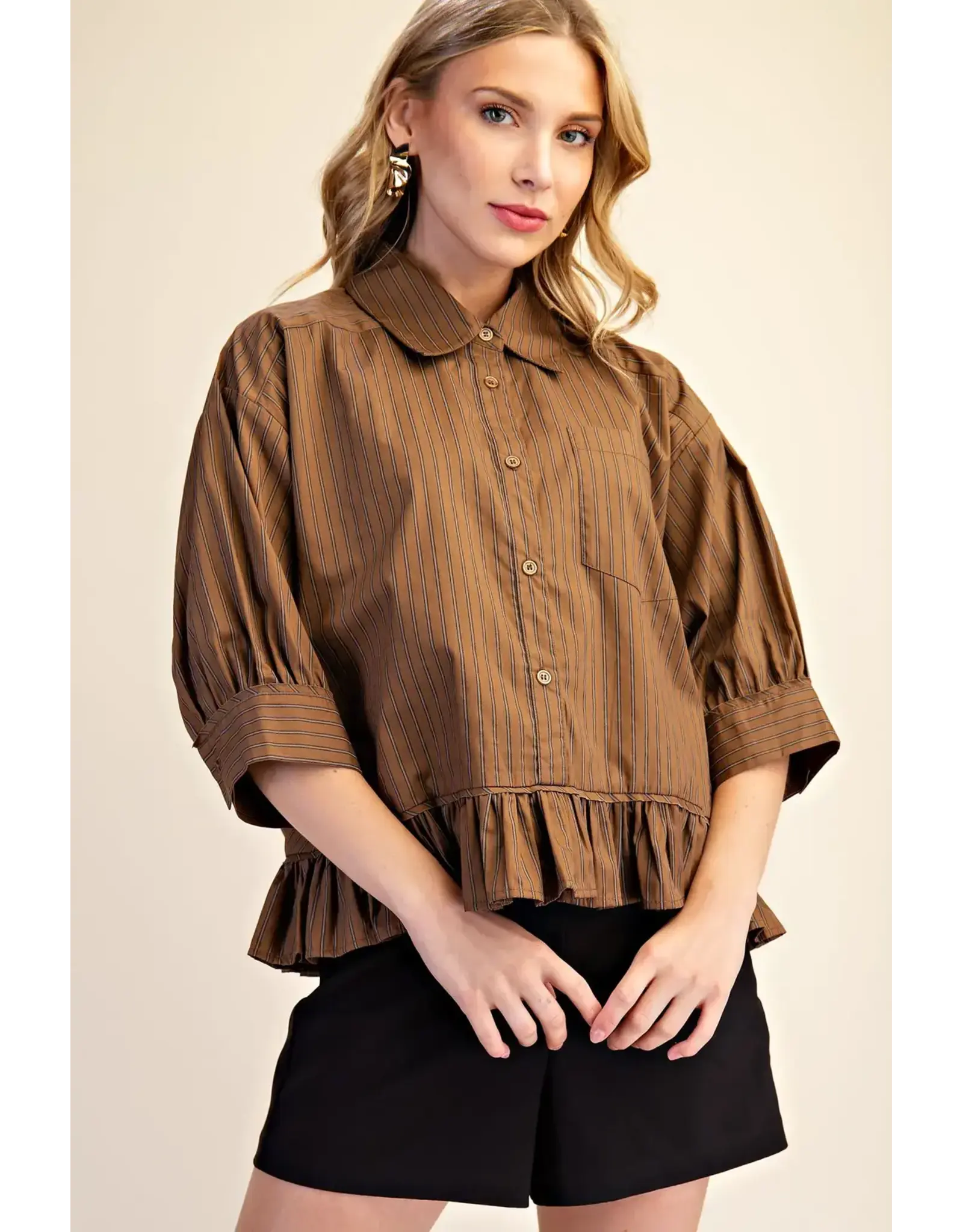 Wells Ruffle Hem Brown Shirt
