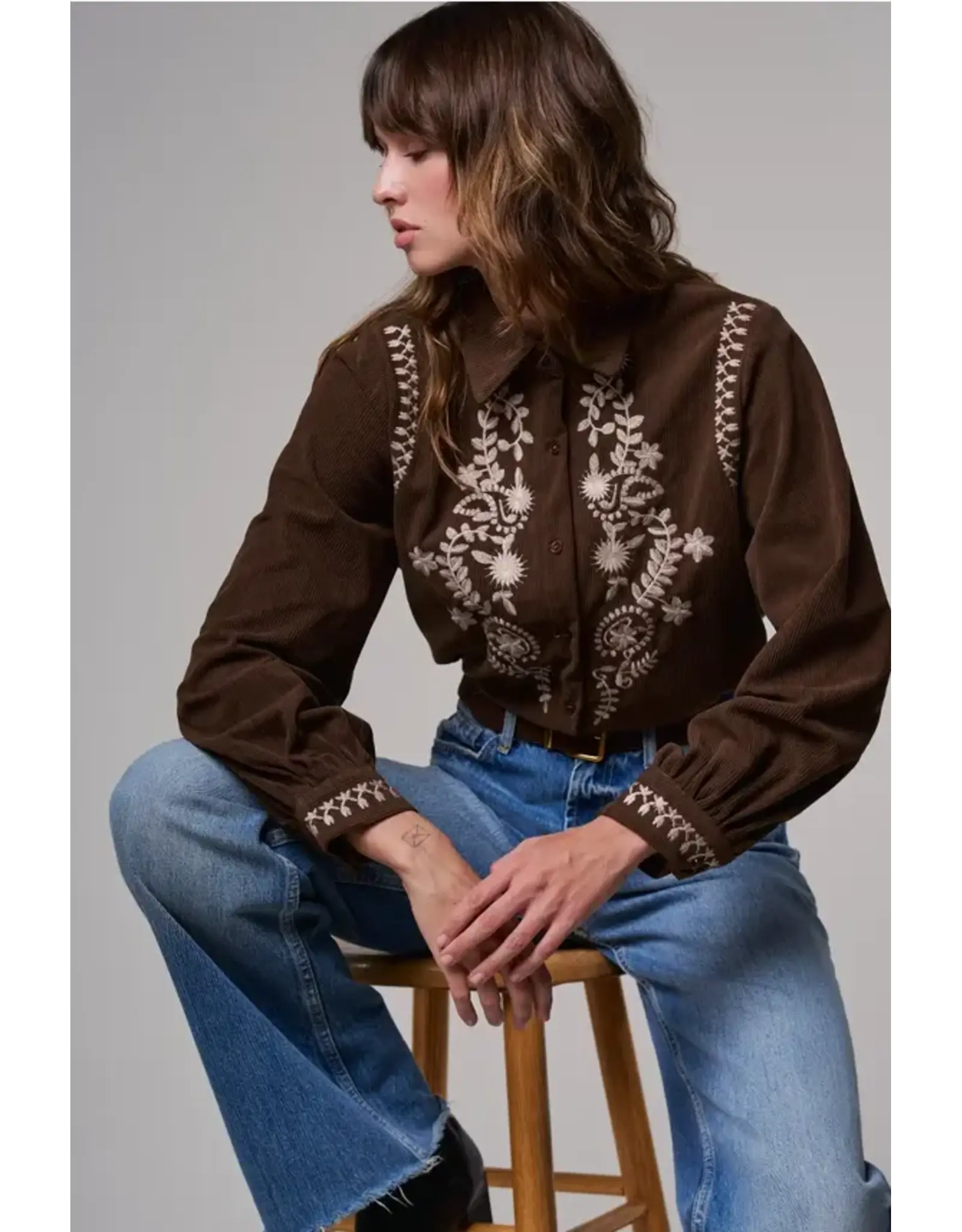 Eliza Embroidered Brown Coduroy Western Shirt