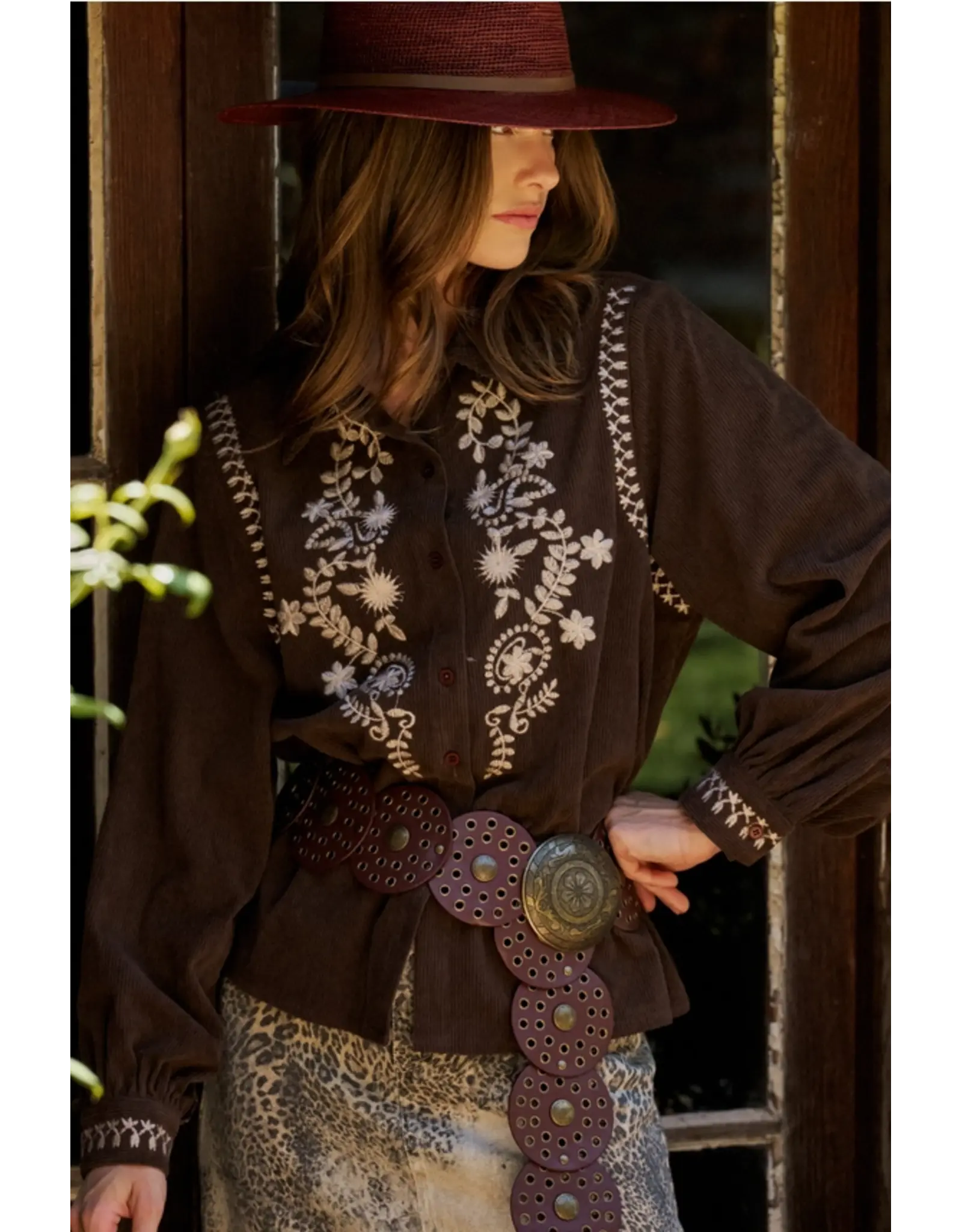 Eliza Embroidered Brown Coduroy Western Shirt