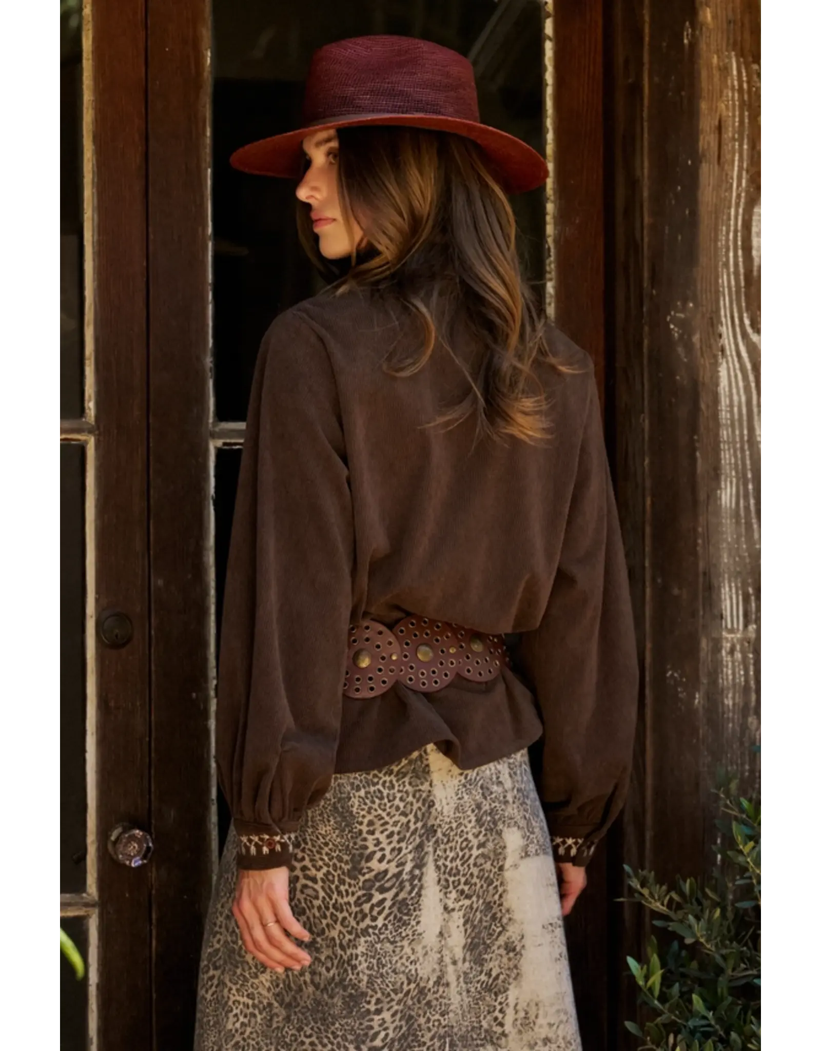 Eliza Embroidered Brown Coduroy Western Shirt