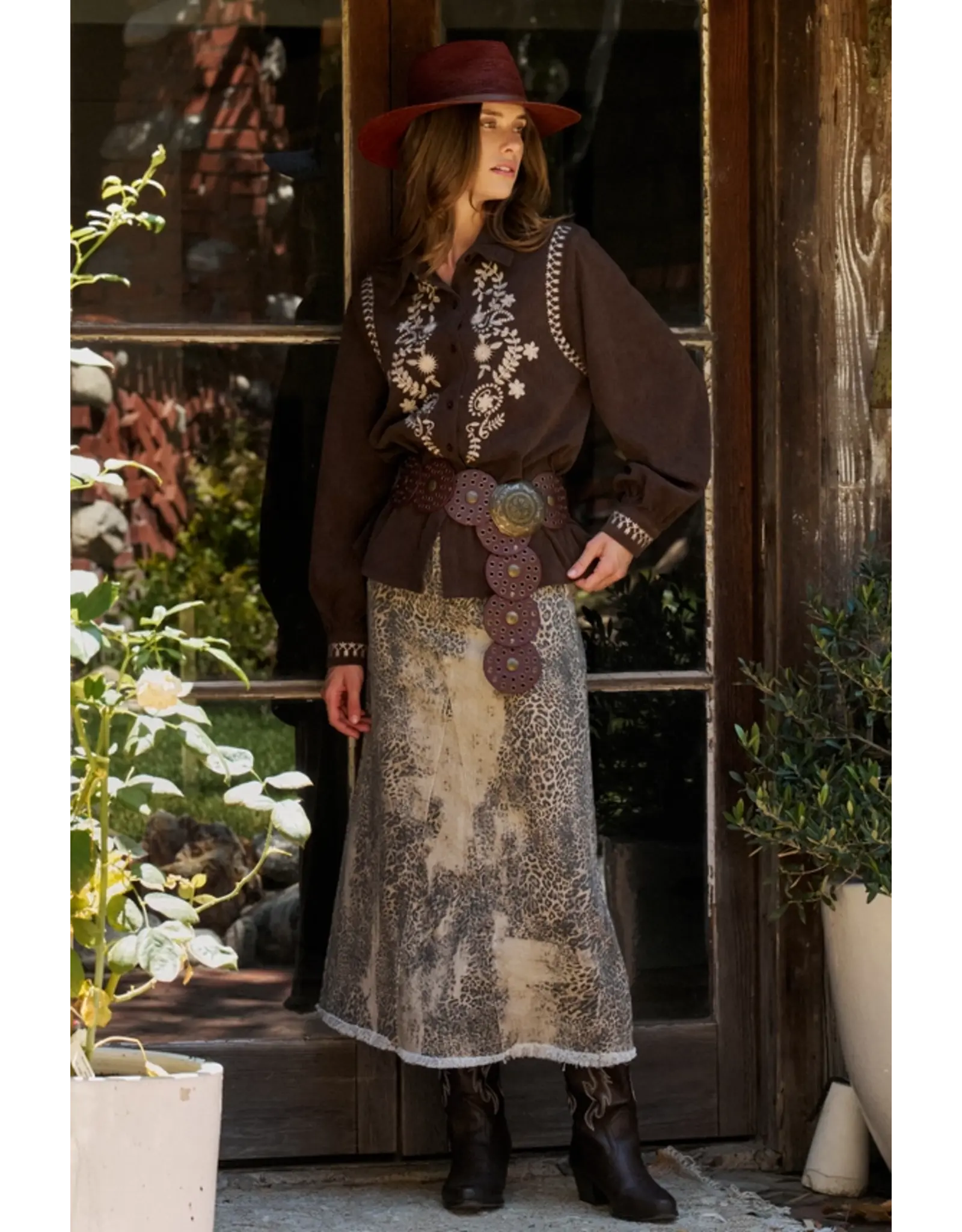 Eliza Embroidered Brown Coduroy Western Shirt