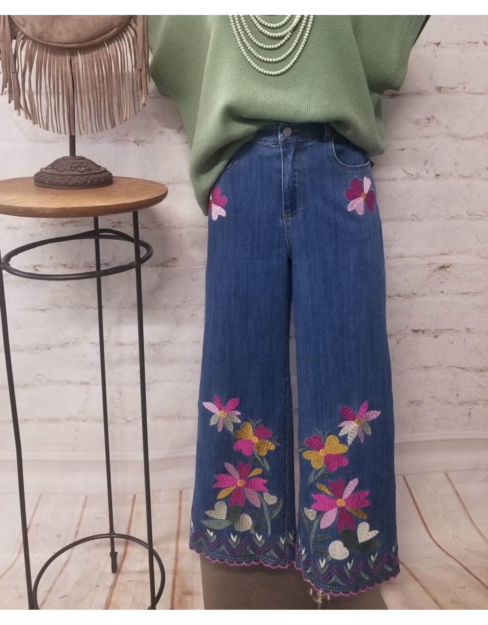 Esther Embroidery Washed Stretch Denim Pants