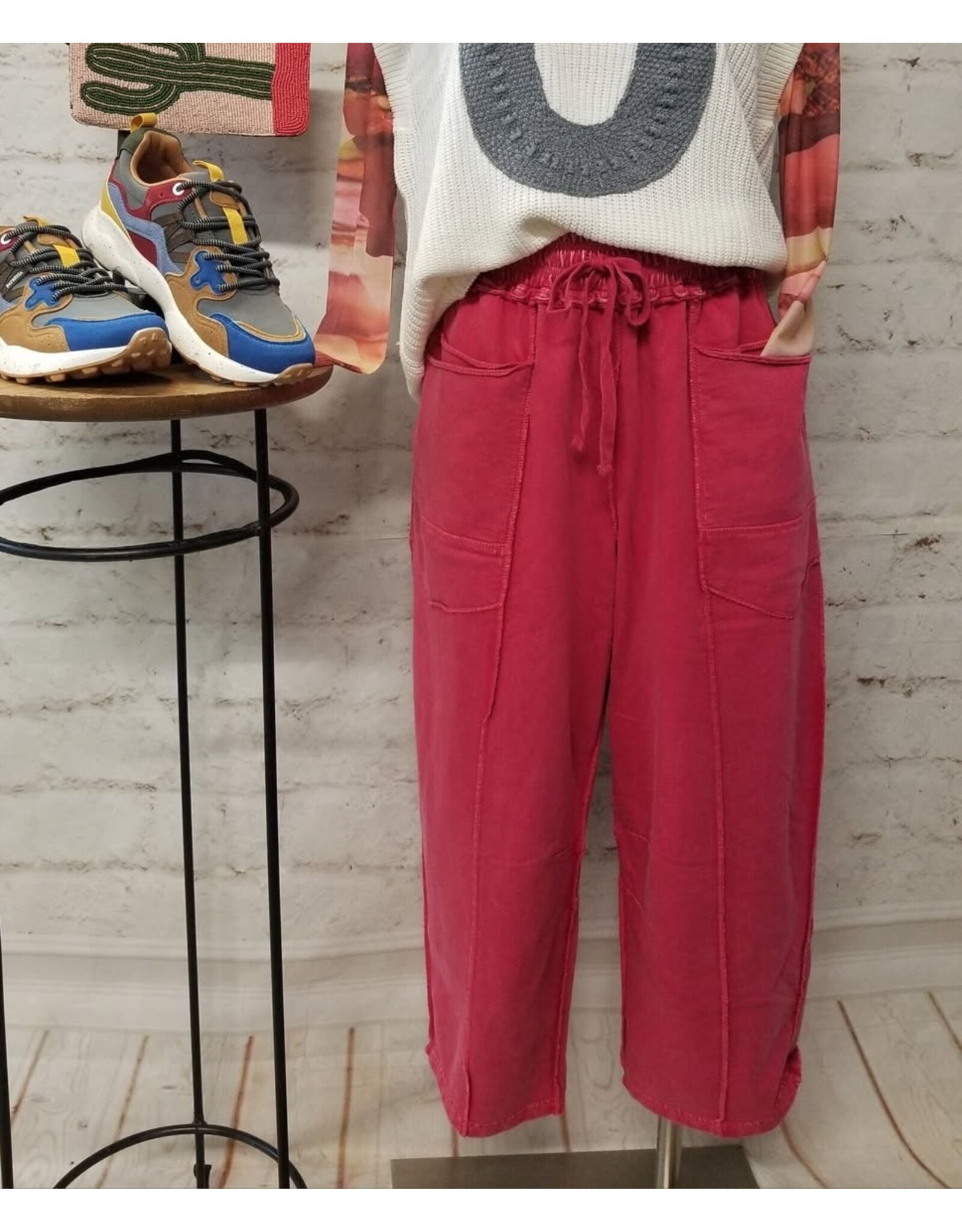 Allie Mineral Washed Terry Knit Barrel Pants Red