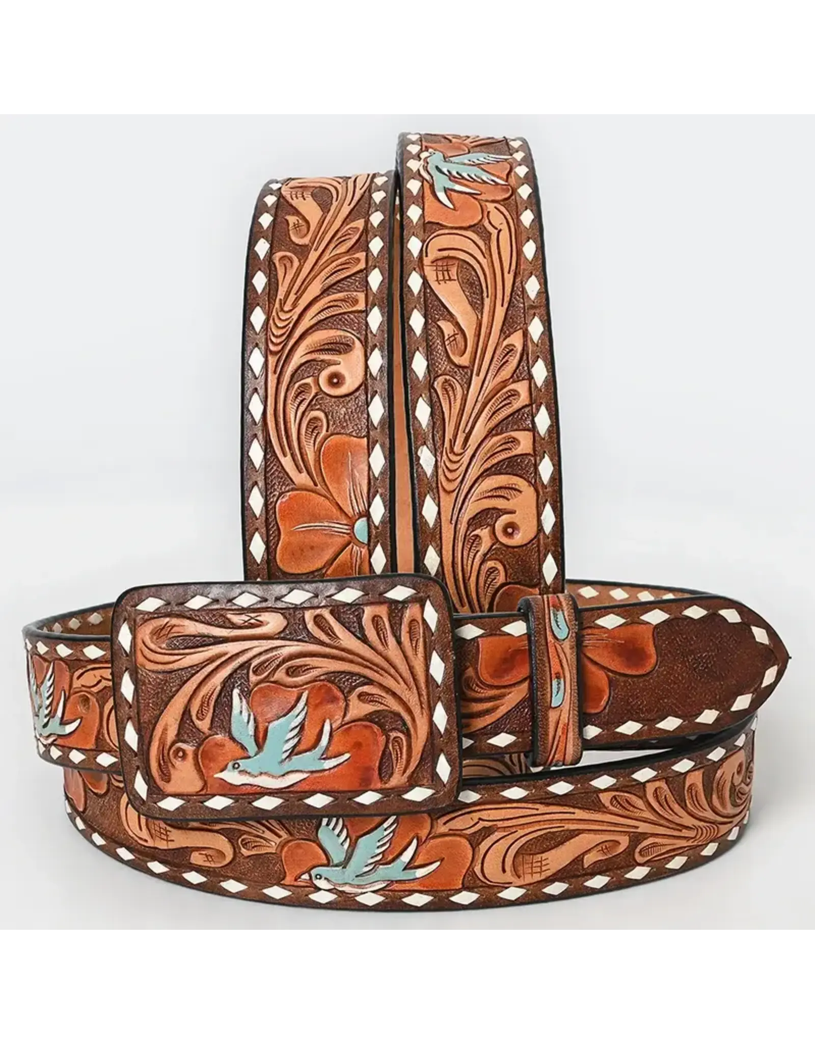 Hand Tooled Leather Belt Flying Dove & Floral Western