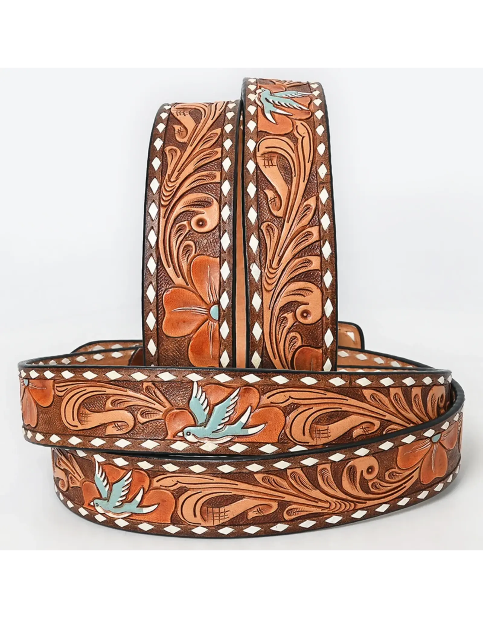Hand Tooled Leather Belt Flying Dove & Floral Western