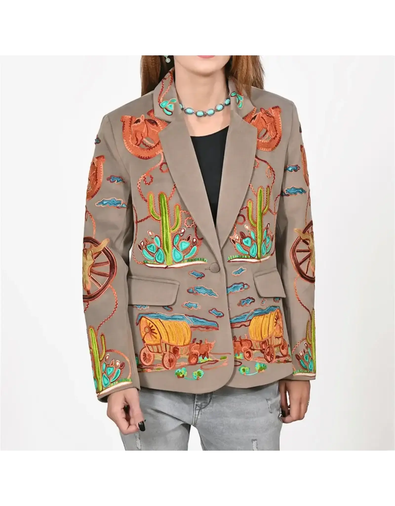 Western Grey Embroidered Blazer