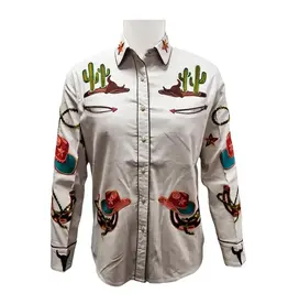 Western Ivory Embroidered Cowboy Motif Shirt