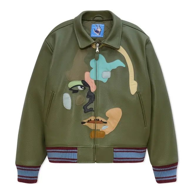 Kidsuper Patchwork Portraits Leather Varsity Jacket 'BRN