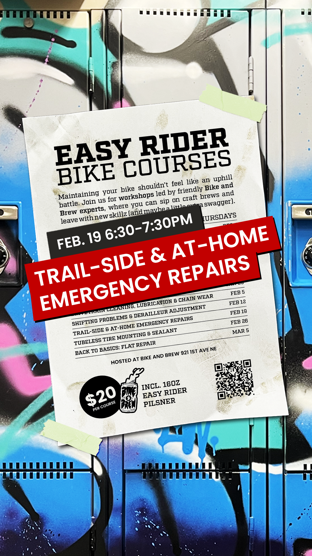 BIKE AND BREW Easy Rider Bike Courses - Trail side and At-home Emergency Repairs: February 19th