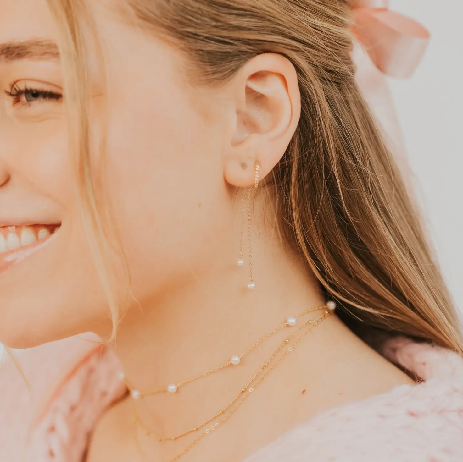 Hello Adorn Pearl Fringe Backdrop Earring