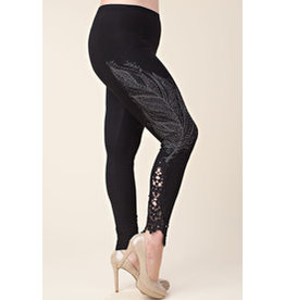 VOCAL LEGGINGS WITH FEATHRTS STONES AND LACE PATCH BLACK