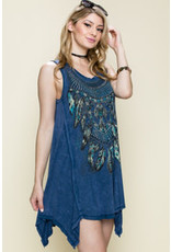 VOCAL BEAUTIFUL FEATHER PRINT TUNIC TOP WITH STONES DENIM