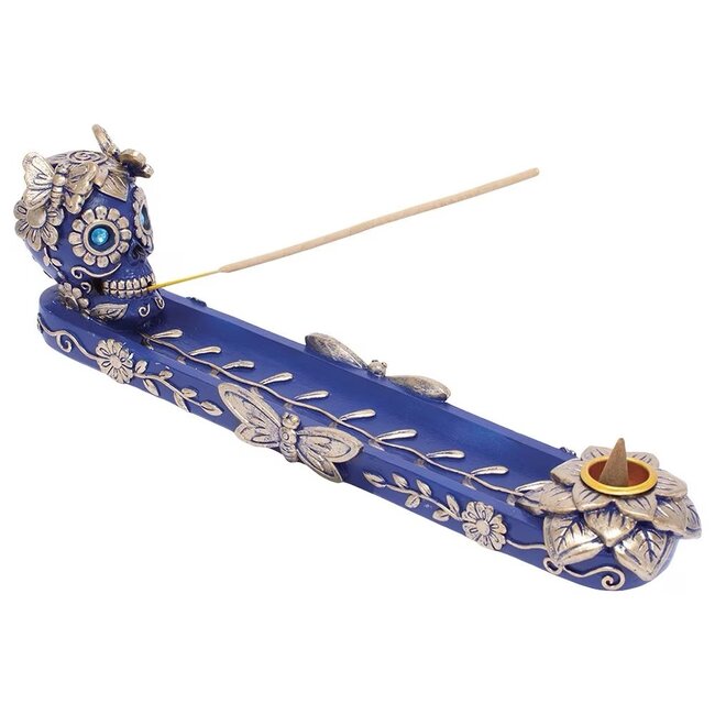 FUJIMA FUJIMA 11'' GOLDEN BLUE SKULL& BUTTERFLY INCENSE BURNER-IB523
