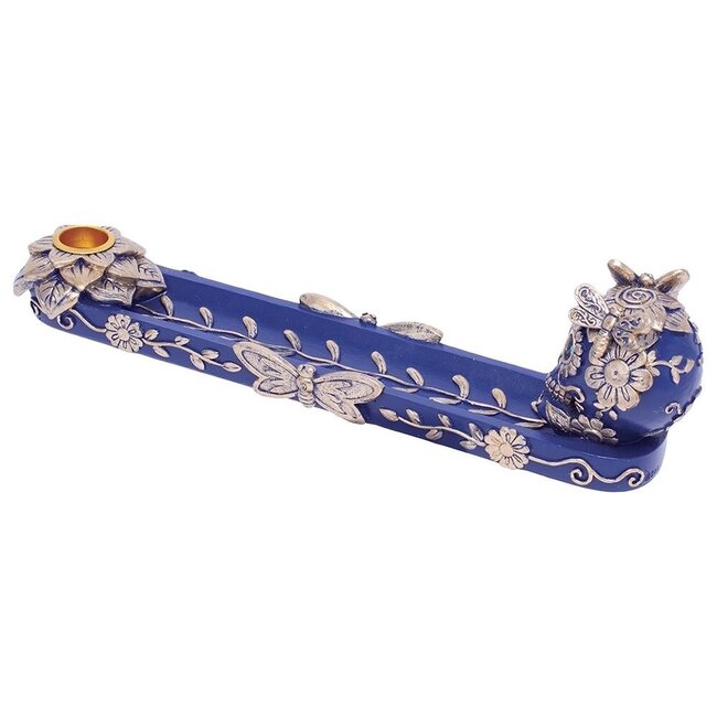 FUJIMA FUJIMA 11'' GOLDEN BLUE SKULL& BUTTERFLY INCENSE BURNER-IB523
