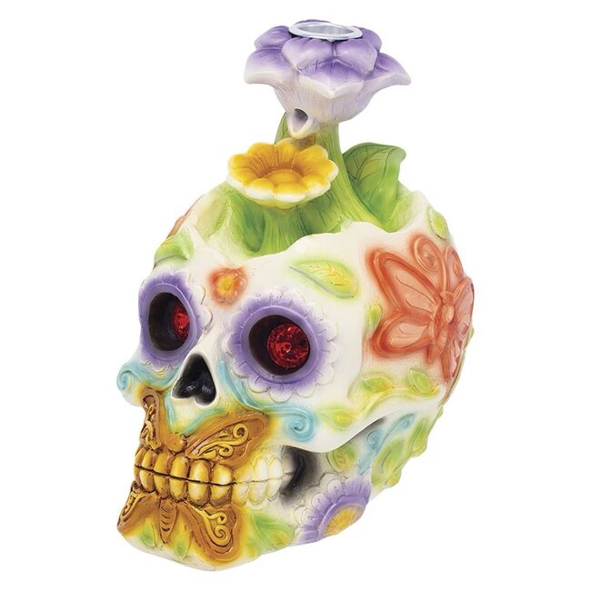 FUJIMA FUJIMA 6'' CRYSTAL EYED FLORAL SKULL BACKFLOW CONE INCENSE BURNER- IB529