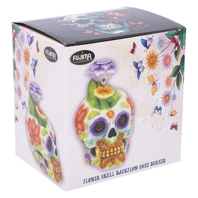 FUJIMA FUJIMA 6'' CRYSTAL EYED FLORAL SKULL BACKFLOW CONE INCENSE BURNER- IB529