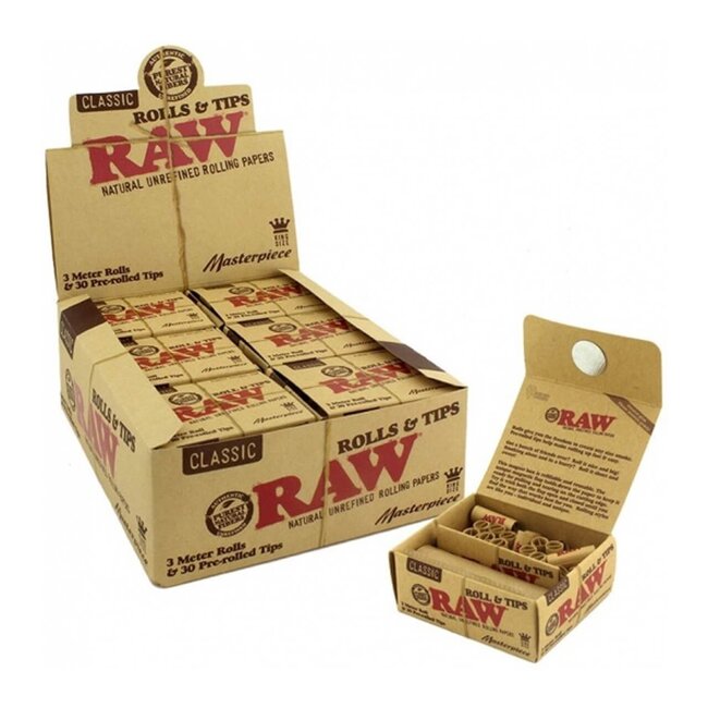 RAW RAW 3 METER ROLL  WITH 30 PRE ROLLED TIPS