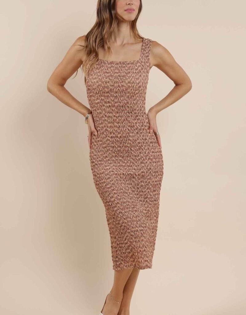 SAGE THE LABEL TAN LINES FITTED MIDI DRESS