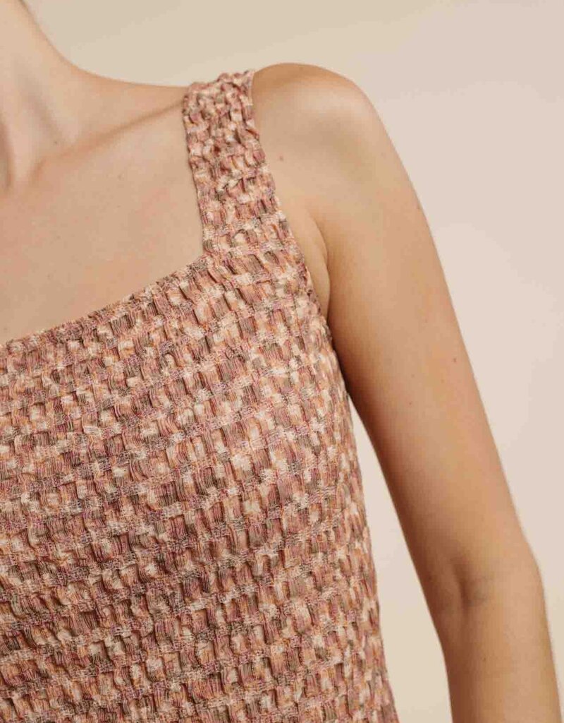 SAGE THE LABEL TAN LINES FITTED MIDI DRESS