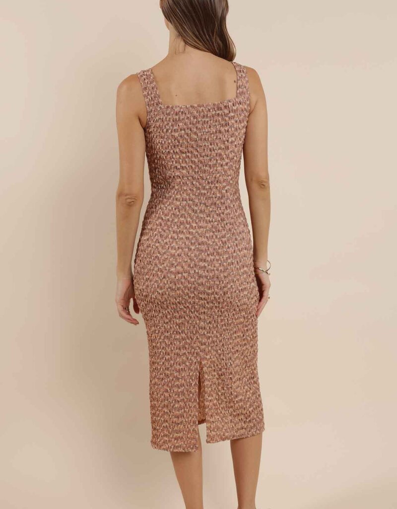 SAGE THE LABEL TAN LINES FITTED MIDI DRESS