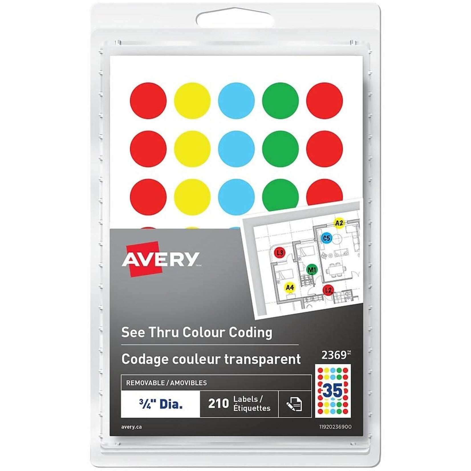 Avery LABELS-COLOUR CODE, 3/4'' DIAMETER, SEE THRU ASSORTED 210/PK