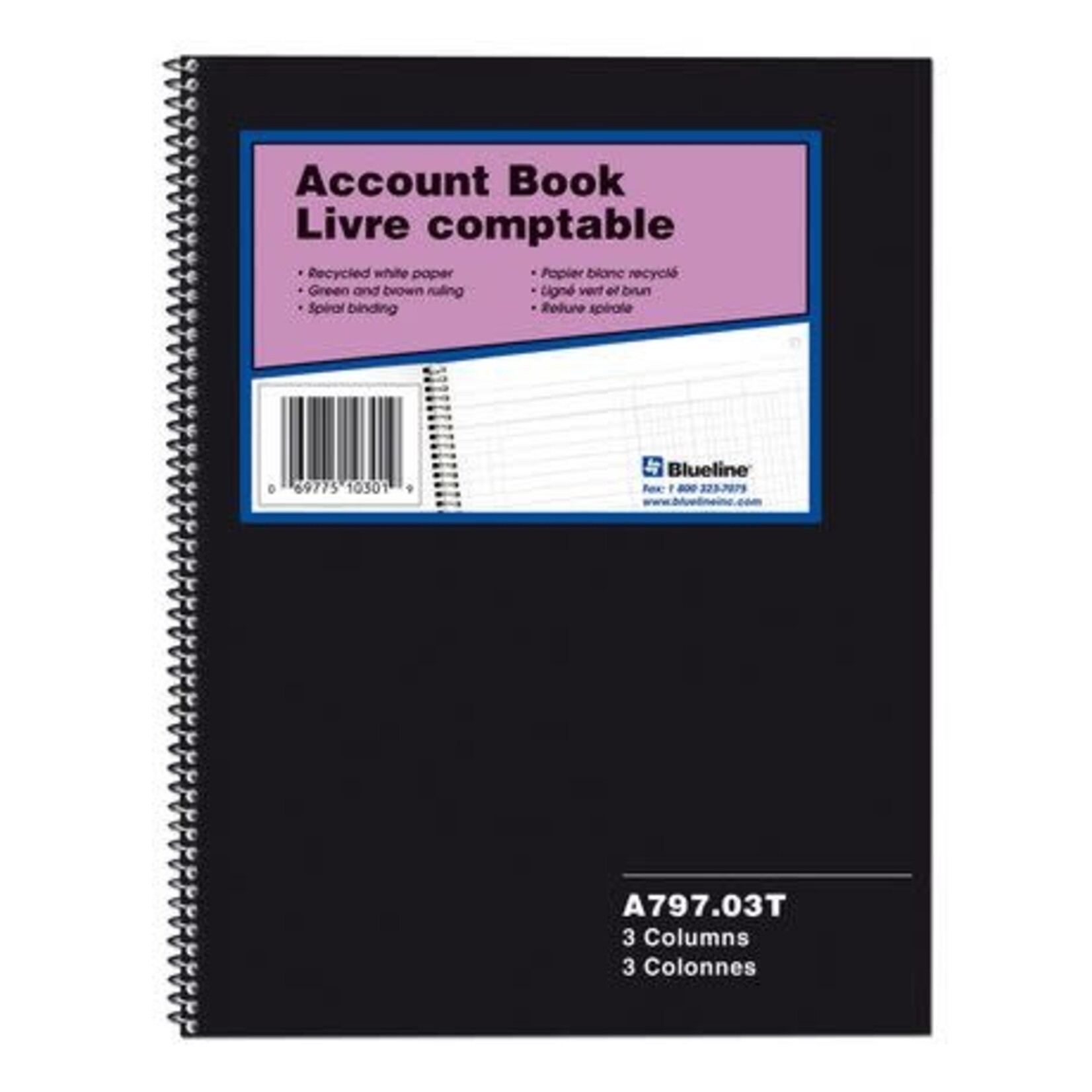Blueline ACCOUNT BOOK-WIRE, 100 PAGE WHITE 10.25X8  3 COLUMN