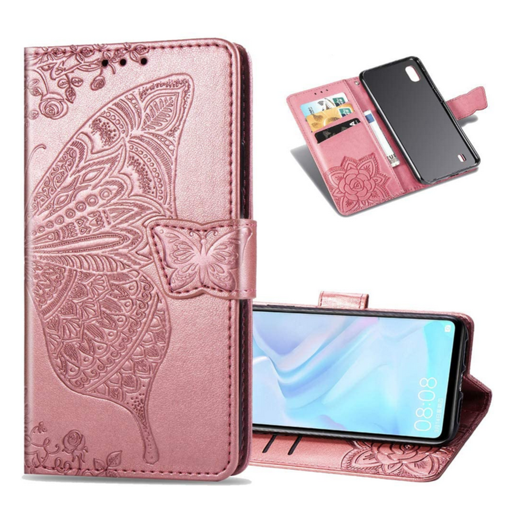 Samsung Galaxy A10 PU Leather Flip Wallet Case, Butterfly Rose Gold