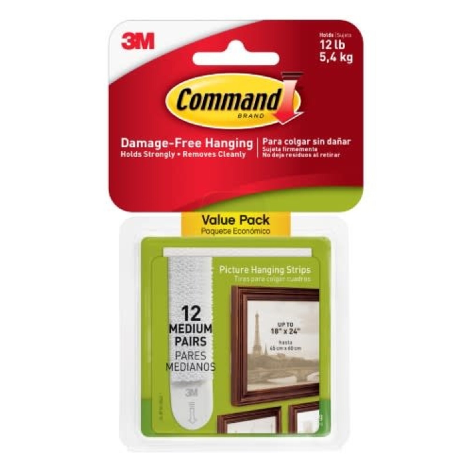 3M PICTURE HANGING STRIPS-COMMAND ADHESIVE, MEDIUM, 12/PACK