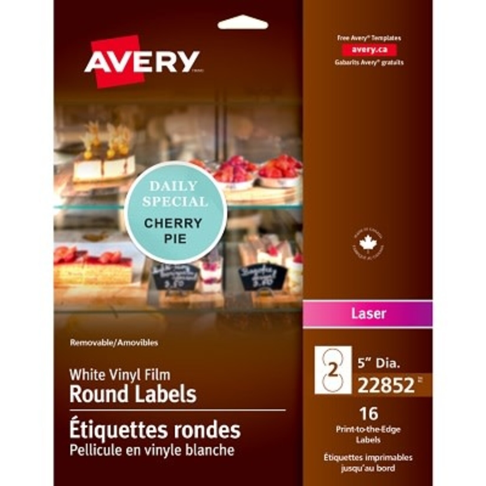 Avery LABELS-BUSINESS/BRANDING, 5" ROUND VINYL, WHITE 16/PACK 22852