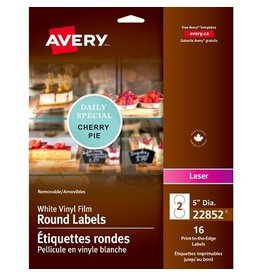 Avery LABELS-BUSINESS/BRANDING, 5" ROUND VINYL, WHITE 16/PACK 22852