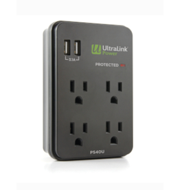 Ultralink Ultralink 4 Outlet 2 USB 3.1A Wall Surge Protector, Black
