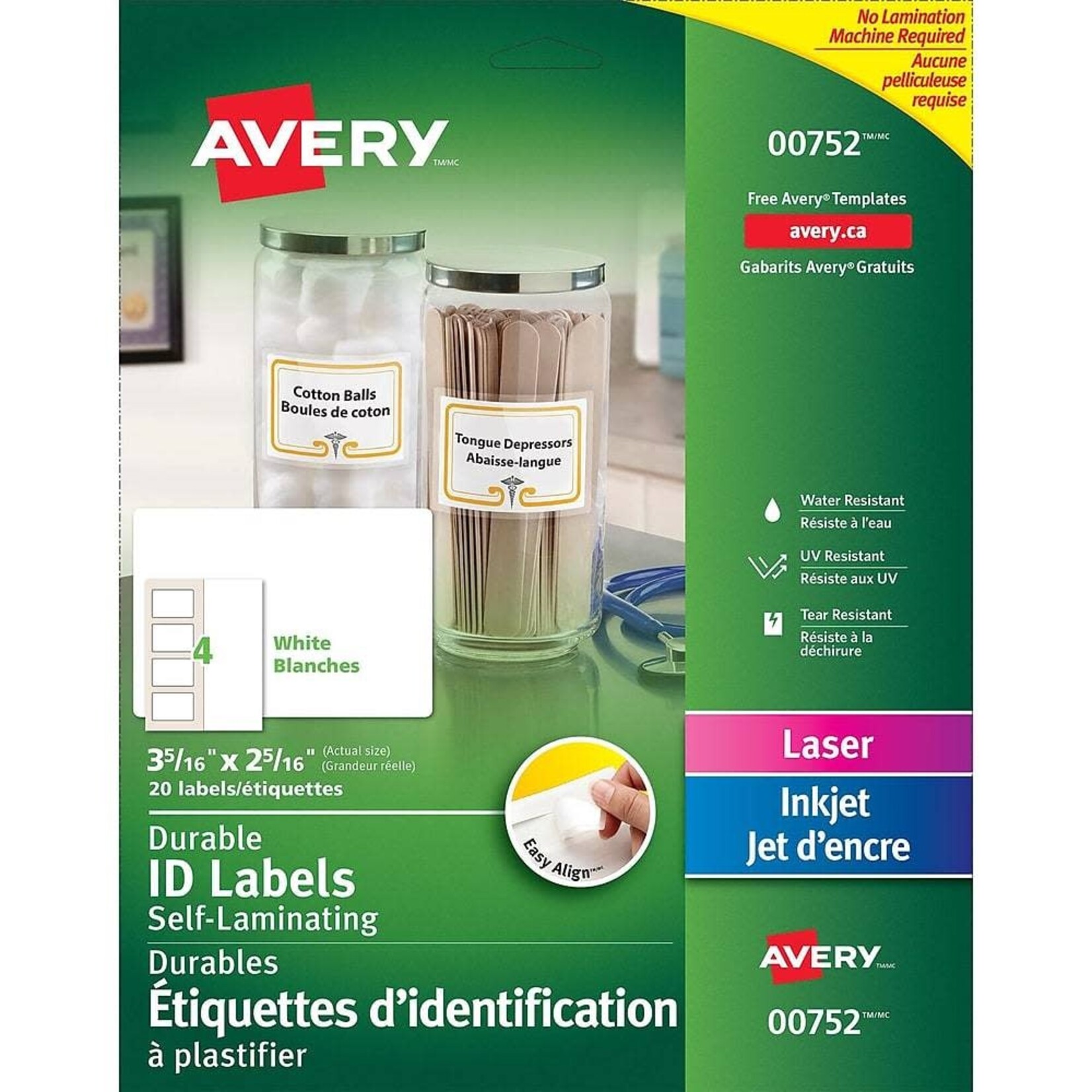 Avery LABELS-SELF LAMINATING, EASY ALIGN 3-5/16X2-5/16 20/PK 00752