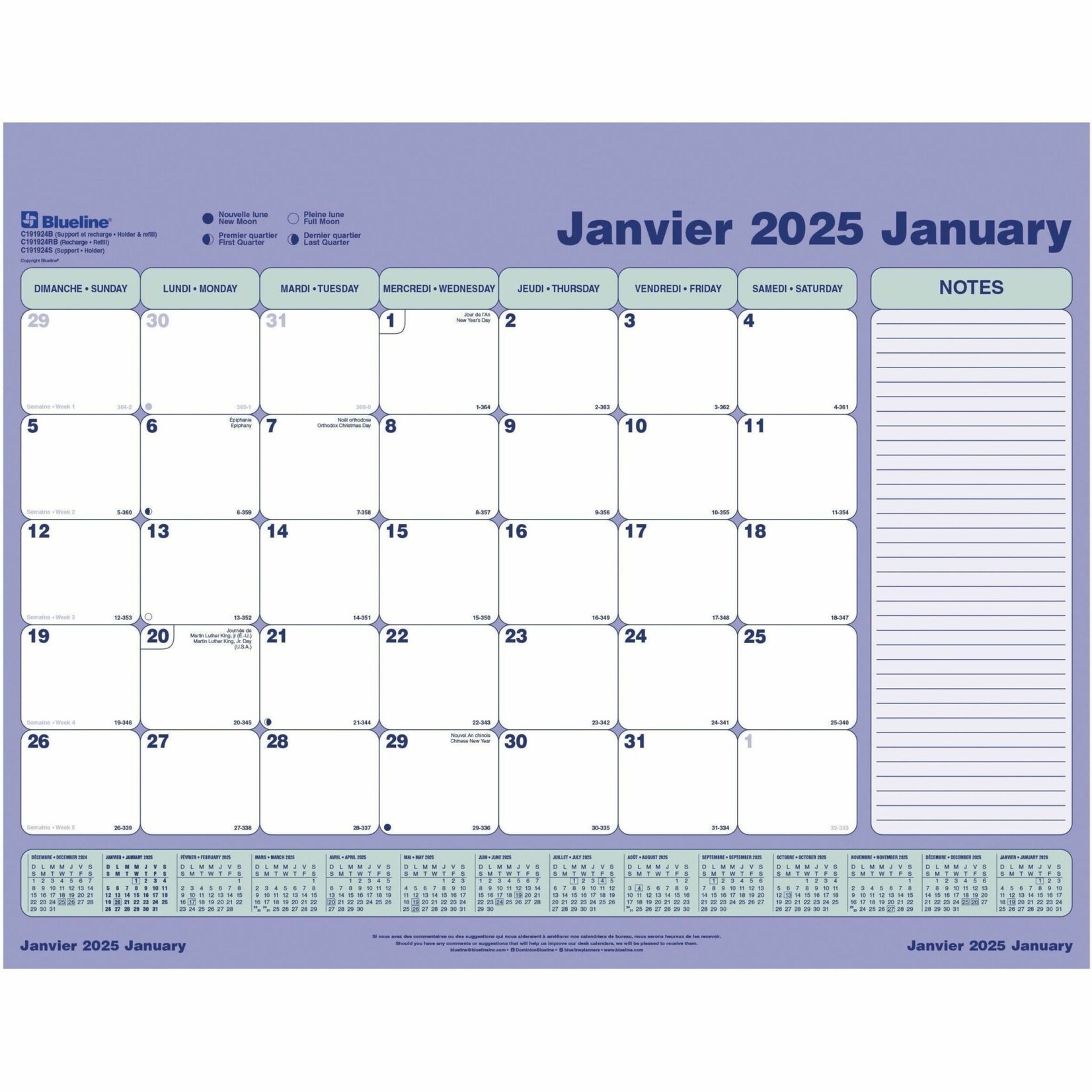 Blueline Blueline Monthly Desk Pad Calendar Refill 23-1/2" x 18-1/4" Bilingual - 2025