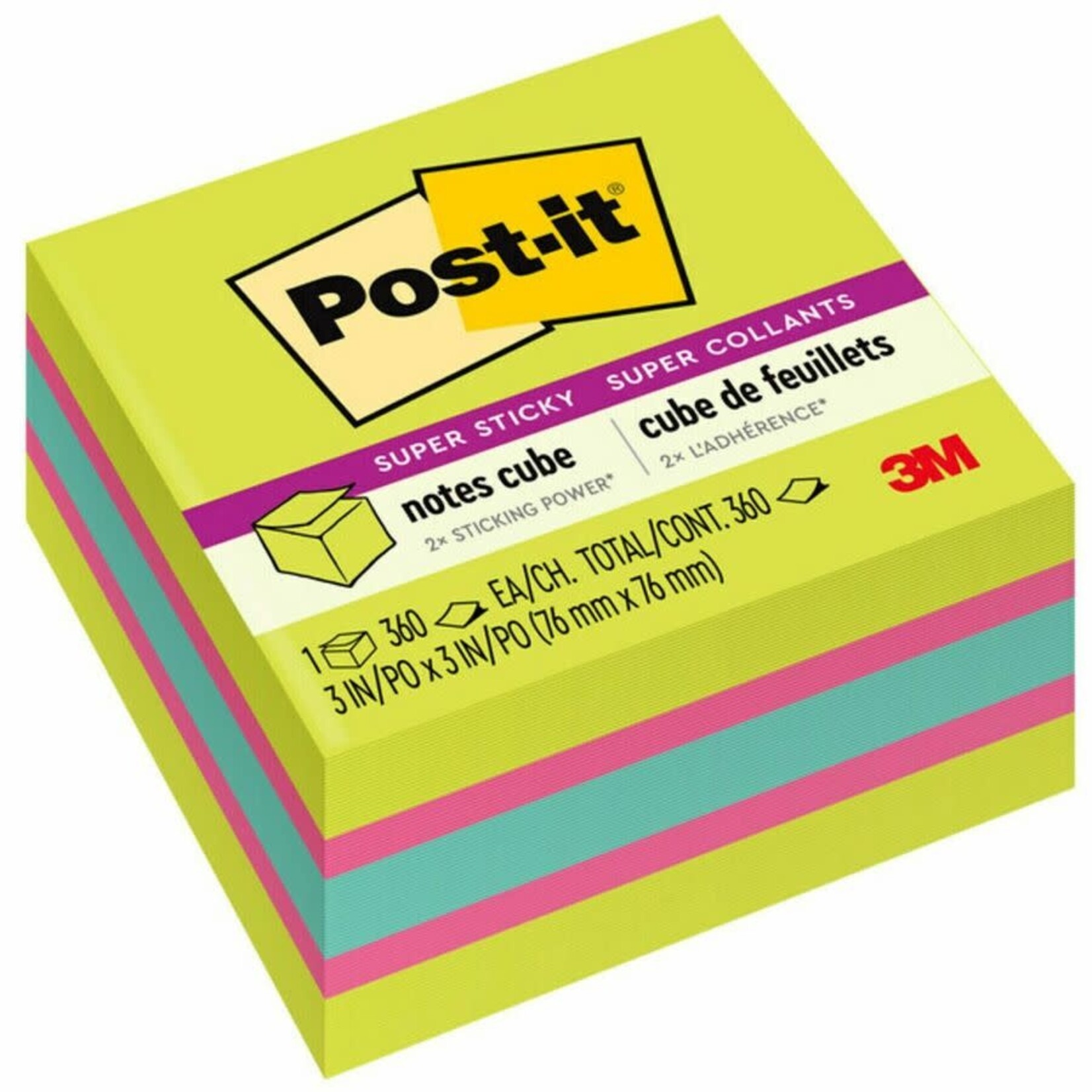 Post-it NOTES-POST-IT CUBE, 3X3 SUPER STICKY, GREEN, FUCHSIA, AQUA