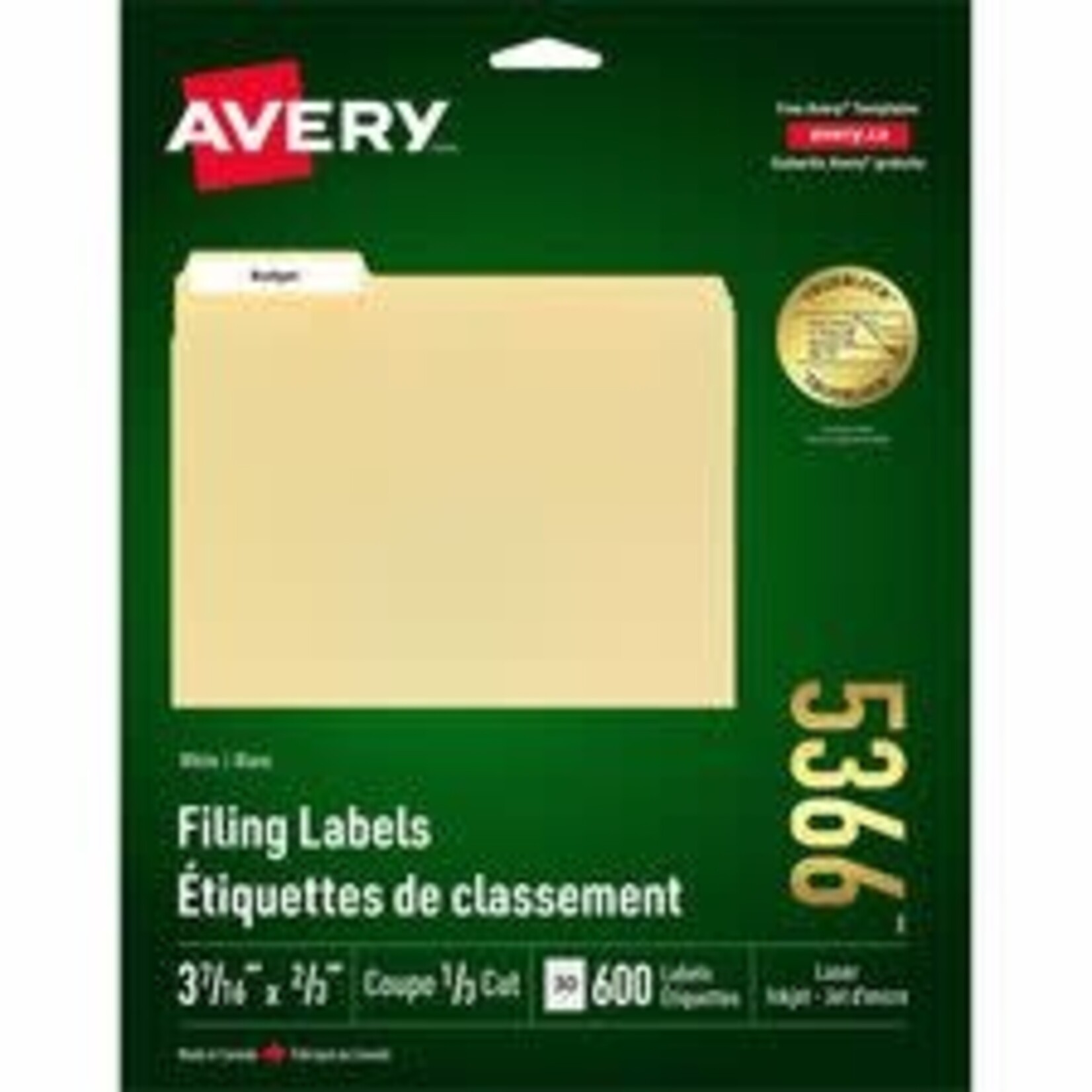Avery LABELS-FILE FOLDER PERMANENT 3-7/16X2/3 WHITE 600/EV 5366