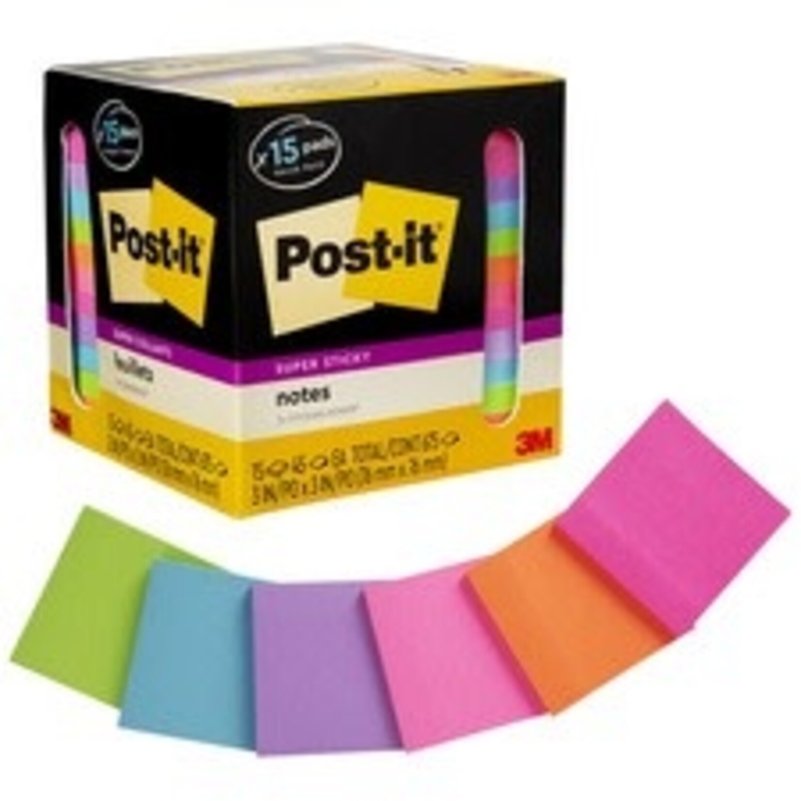 Post-it POST-IT NOTES, SUPER STICKY, 3 x 3, SQUARE, 45 SHEETS PER PAD - ASST BRIGHT COLORS - 15PK