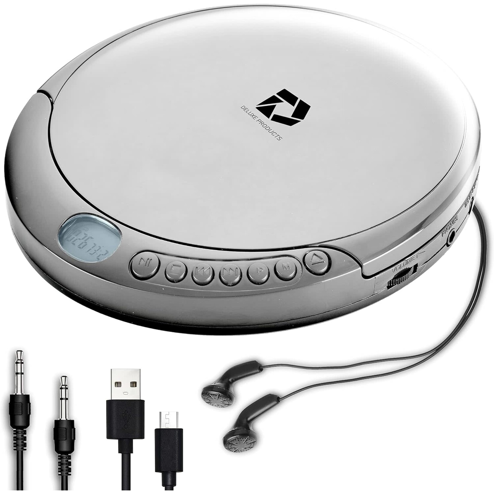 Deluxe Products CD Player Portable with 60 Second Anti Skip, Stereo Earbuds, Includes Aux in Cable and AC USB Power Cable