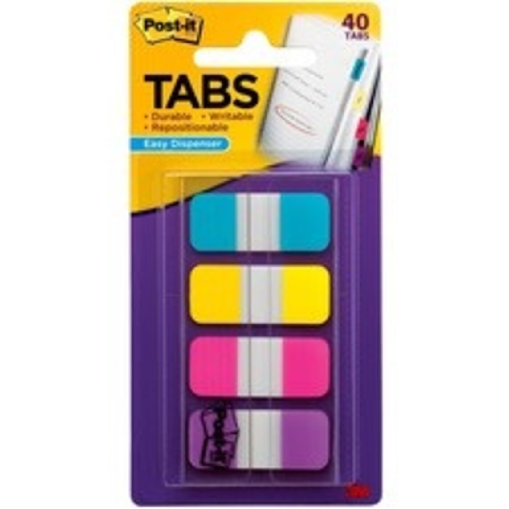 3M INDEX TABS - POST-IT - EASY DISPENSER - PINK, PURPLE, YELLOW, BLUE - 40PK