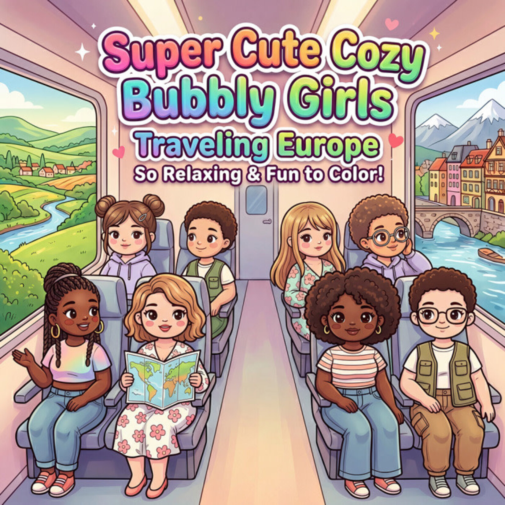 Coloring Book, Super Cute Cozy Bubbly Girls Traveling Europe