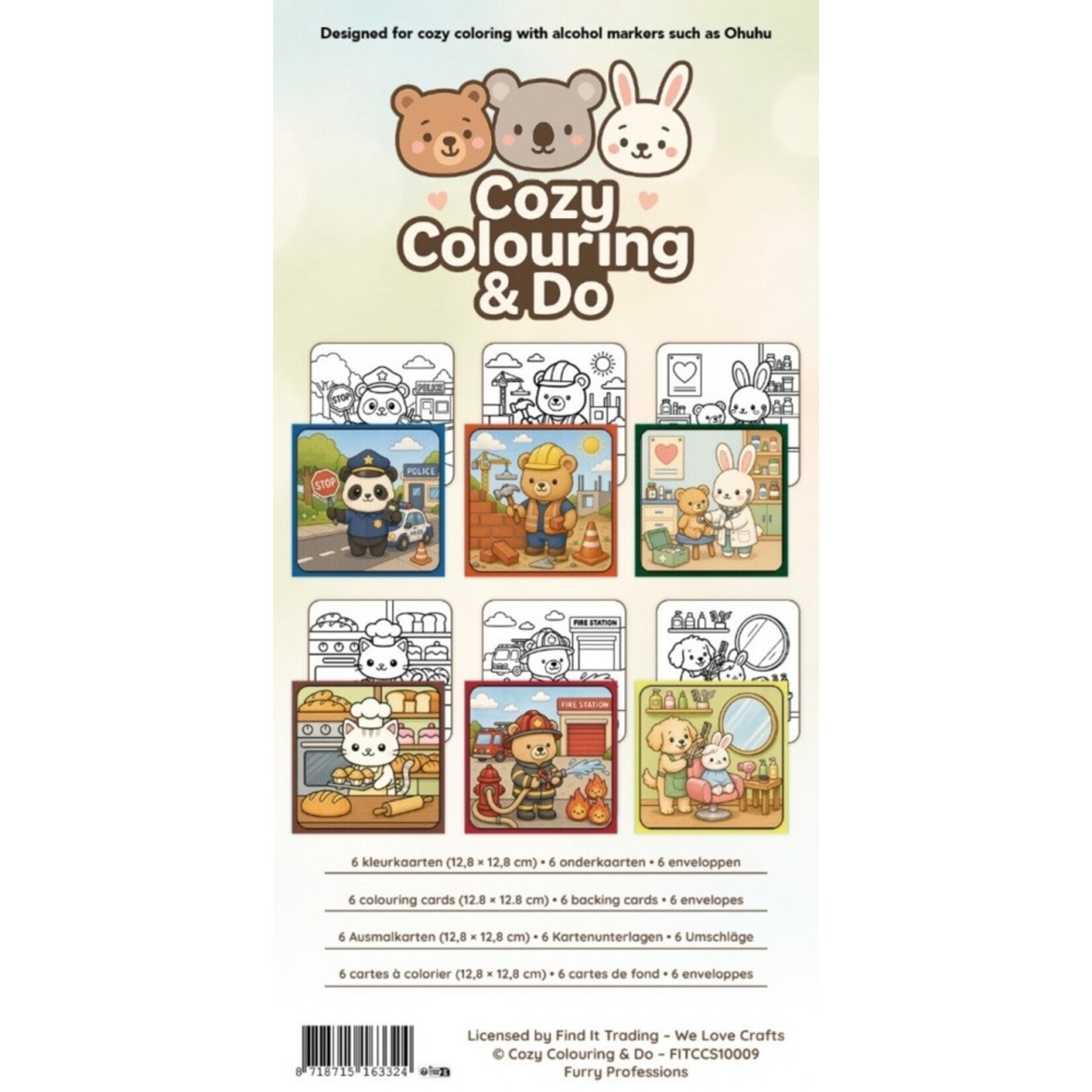 Cozy Colouring Cards Set, Furry Professions