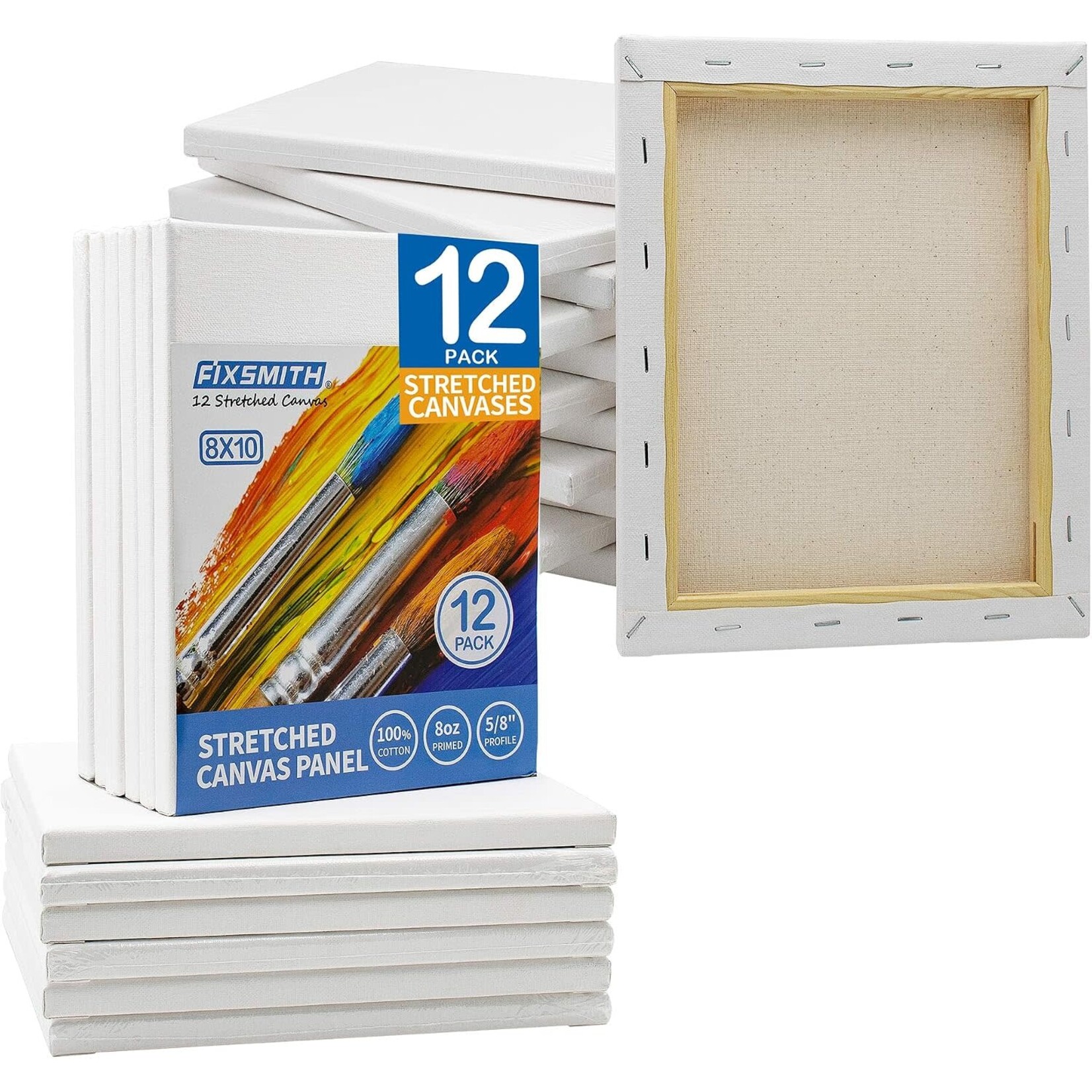 Stretched White Blank Canvas- 8x10 Inch,Bulk Pack of 12