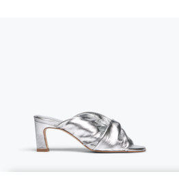 FREDA SALVADOR VALENTINA TWIST MID-HEEL SANDAL IN SILVER CALF