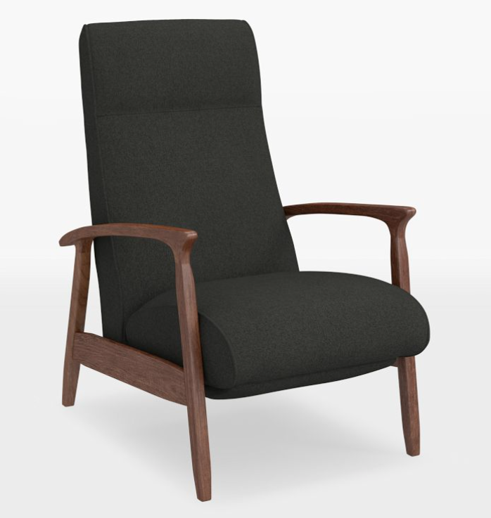 THAYER-COGGIN MILO BAUGHMAN RECLINER |PERFORMANCE CHARCOAL ASPEN FLANNEL| WALNUT