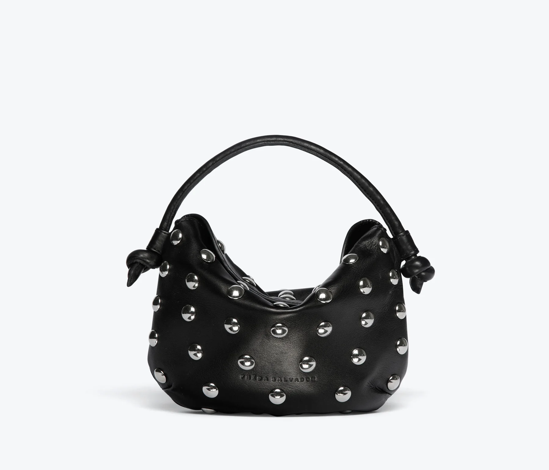 FREDA SALVADOR ELIS MINI CRESCENT BAG IN BLACK CALF WITH SILVER STUDS