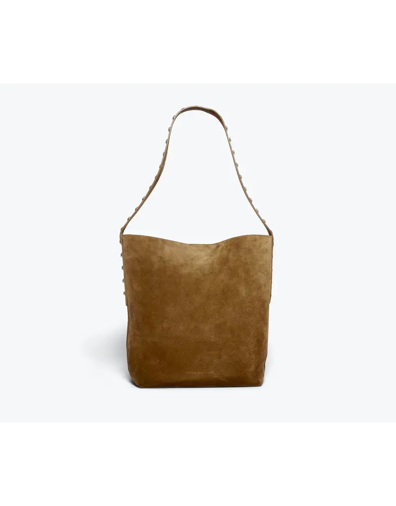 FREDA SALVADOR CALA STUDDED TOTE IN BROWN SUEDE + SILVER STUDS