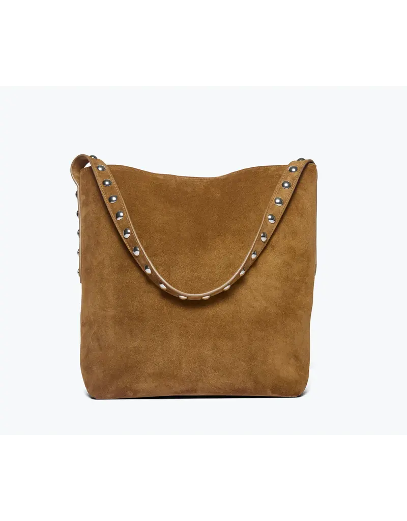 FREDA SALVADOR CALA STUDDED TOTE IN BROWN SUEDE + SILVER STUDS